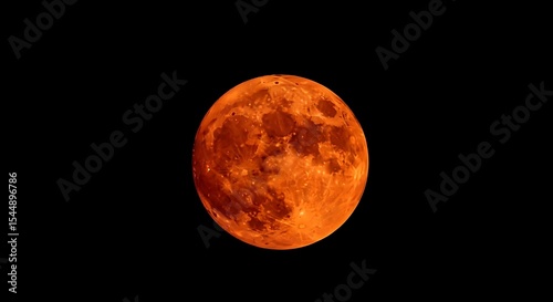 Full Moon in Orange Color Isolated on Black Sky at Night
