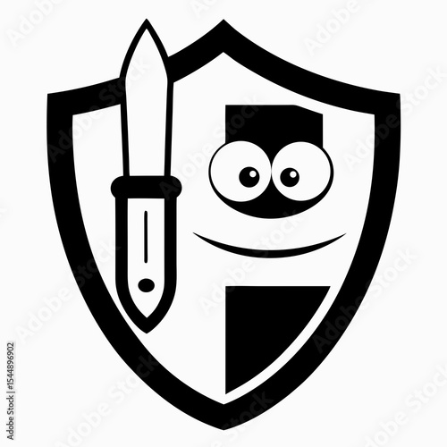 Cartoon shield with knife and happy face illustration