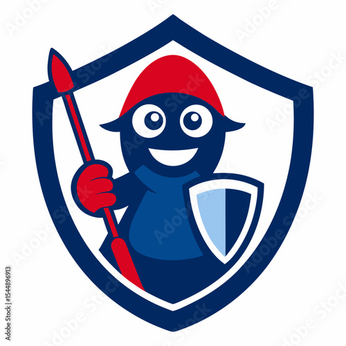 Happy cartoon guard with shield and spear logo