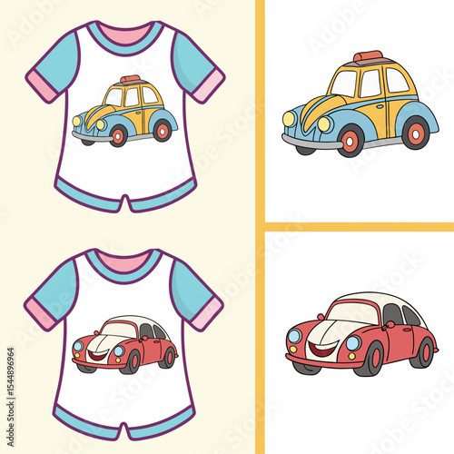 kid clothes design, cartoon car is on a shirt. The car is smiling and has a happy expression. The shirt is blue and white
