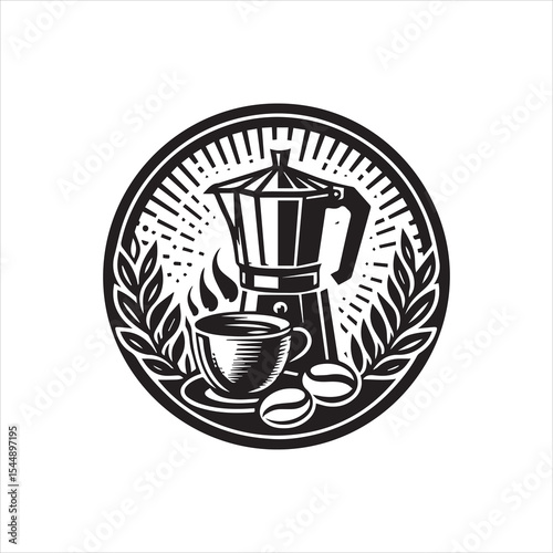 A monochrome illustration featuring a coffee pot, cup, beans, and leaves within a circular frame.