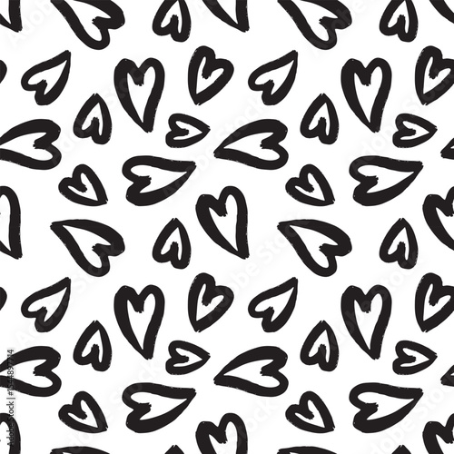 Vector hand drawn seamless pattern with black hearts on white background