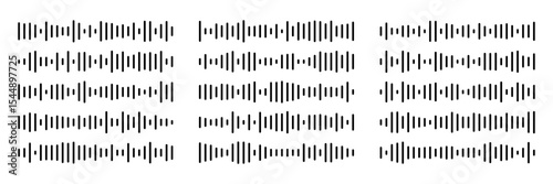 Collection of black voice message equalizer vector icons. Audio soundwave ui design element. Modern visualization frequency for music player interface.