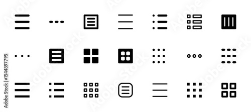 Set of menu interface icons. Digital user interface elements for web or mobile application. Hamburger menu and option buttons.