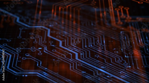 Blue futuristic printed circuit board. 3D render abstract network technology background. Digital server code processing or AI artificial intelligence deep machine learning concept