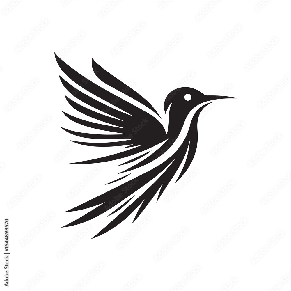 Fototapeta premium A stylized, black and white illustration of a hummingbird in flight, wings spread.