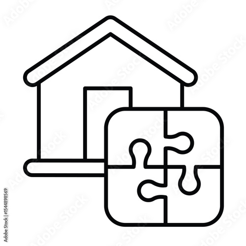 Home house and puzzle thin line icon, remote work concept. Vector graphics. Cottage building with puzzle piece, logic game sign on white background, style mobile or design.