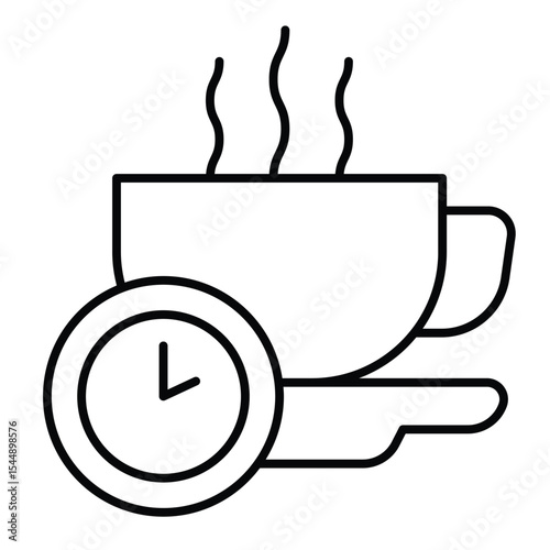 Hot coffee cup and clock thin line icon, remote work concept. Vector graphics. Coffee break, time to relax sign on white background, style mobile or design.