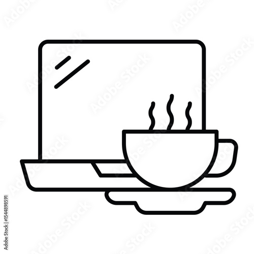 Hot coffee cup and laptop thin line icon, remote work concept. Vector graphics. Time to relax, coffee break sign on white background, style mobile or design.