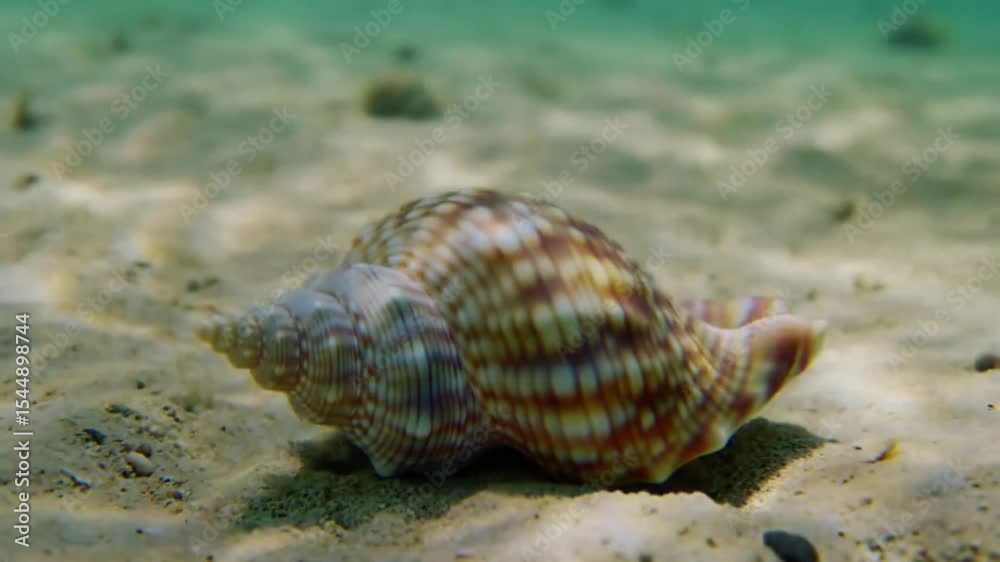 Close up shot of a conch shell on the sandy ocean floor with clear turquoise water above it