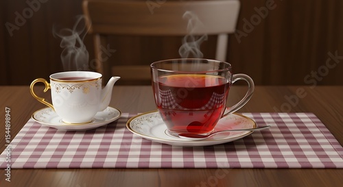 Serving Hot Tea in Teapot and Glass Cup on Table