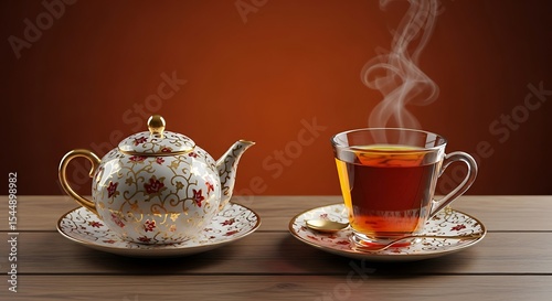 Serving Hot Tea with Teapot and Cup on Wooden Table