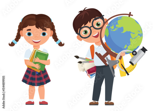 Cute kids couple with school supplies. School boy and girls childs with books and other school supplies. Back to school poster vector vector illustration