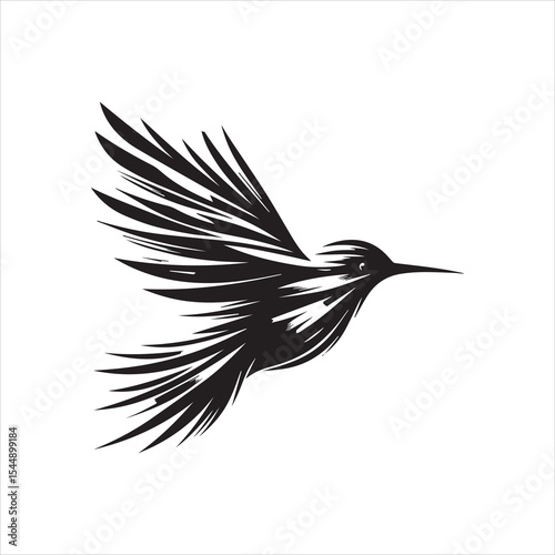 Stylized black and white hummingbird in flight, wings spread wide, detailed feathers.