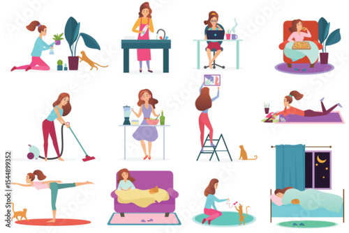 Young woman home activities set. Girl watering plants, washing dishes, working with laptop, relaxing, eating pizza, cleaning house, cooking, repairing, drawing, yoga sleeping vector illustration