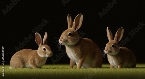 Three Brown Rabbits Sitting Together on Green Grass