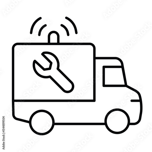 Truck vehicle with siren and wrench thin line icon, repair service concept. Vector graphics. Repair man emergency truck sign on white background, style mobile or design.