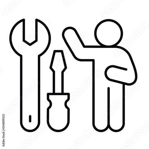 Wrench with screwdriver and man thin line icon, repair service concept. Vector graphics. Repair tools and human sign on white background, style mobile or design.