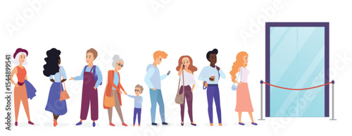People standing in queue line in front of shop entrance doors. Cartoon man and woman waiting near boutique, store and showroom opening vector illustration