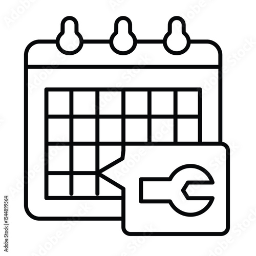 Calendar with wrench popup window thin line icon, repair service concept. Vector graphics. Appointment date, repair event sign on white background, style mobile or design.