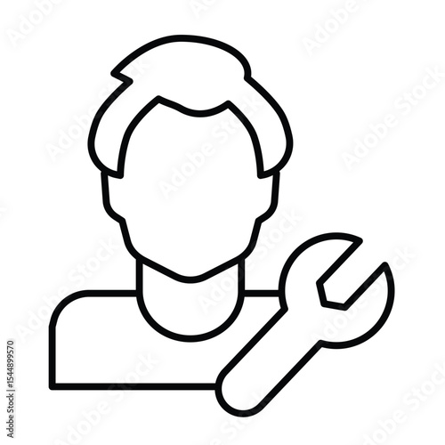 Mechanic guy and wrench thin line icon, repair service concept. Vector graphics. Master man with repair tool sign on white background, style mobile or design.