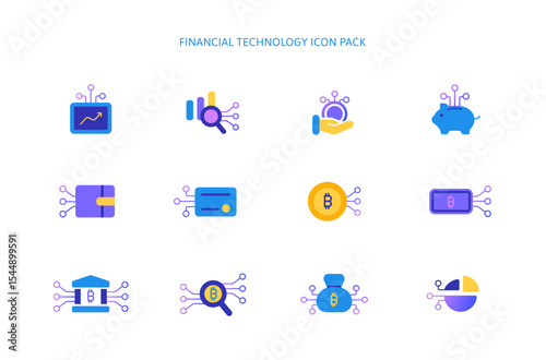 Multi colors Finance Fintech Icon set with Electricity Line in Futuristic Payment and Digital Banking. Cryptocurrency or Stable Coin AI Financial Analysis Symbol. vector icons.