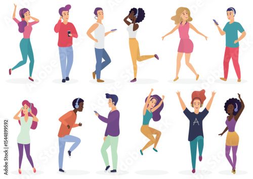 Diverse people dancing and listening music with headphones. Cartoon young guys and girls in casual clothes with audio players vector Illustration set