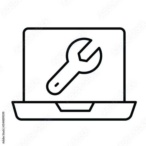 Laptop screen with wrench thin line icon, repair service concept. Vector graphics. Computer repair, system message sign on white background, style mobile or design.