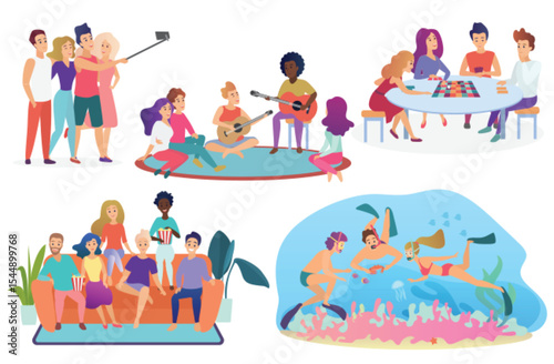Collection of isolated groups of people spending leisure time together. Friends taking selfie, playing guitar, singing, playing chess, watching movie or TV, diving cartoon vector illustration