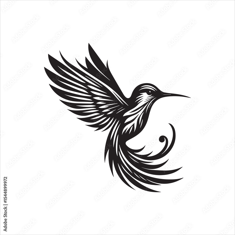 Fototapeta premium A stylized black and white hummingbird in mid-flight, wings outstretched.
