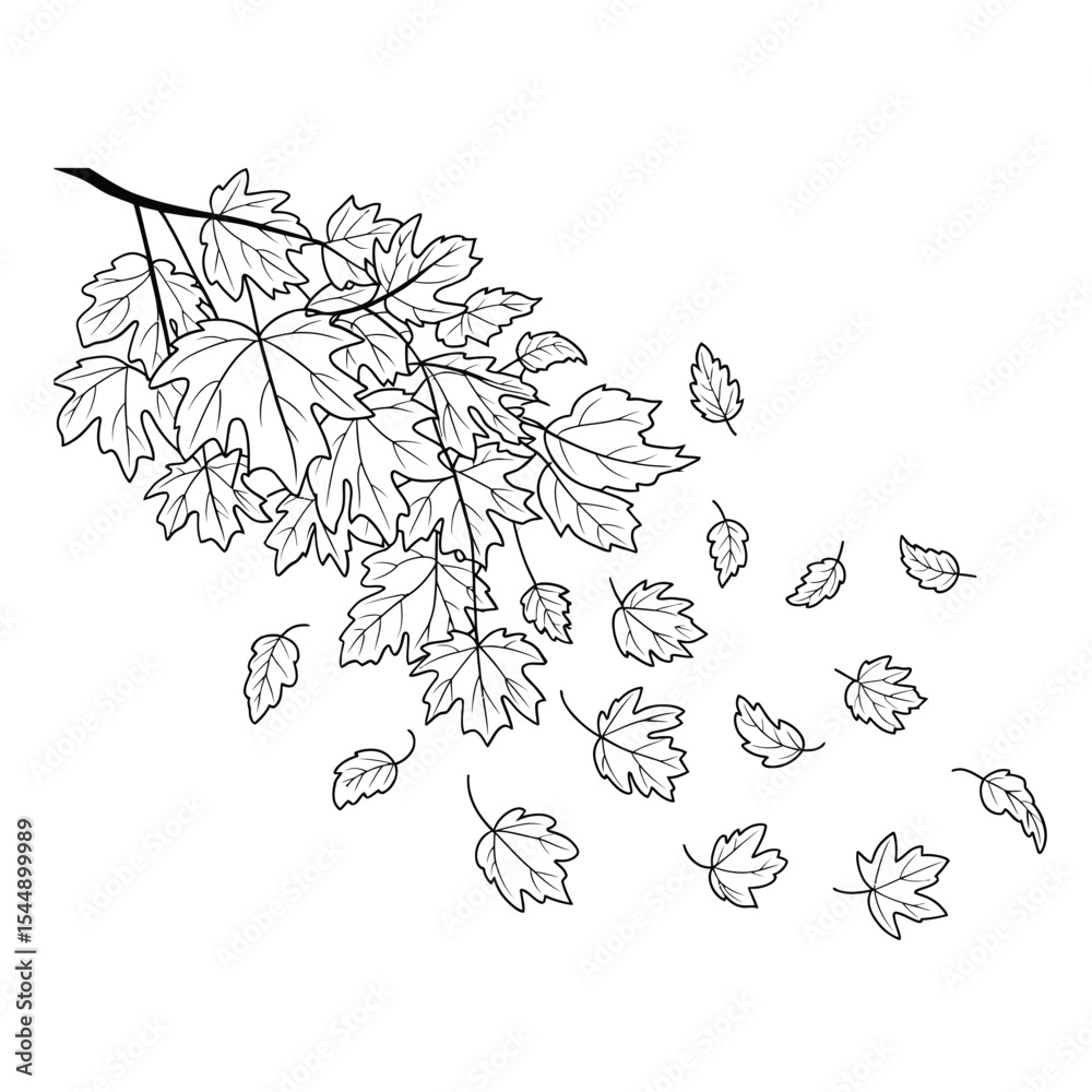 Fototapeta premium Black and white vector illustration of falling autumn leaves in motion with textured background