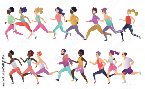 Group of isolated happy smiling healthy strong young fit multiethnic running men and women wearing stylish sports clothes. Active lifestyle promotion vector illustration