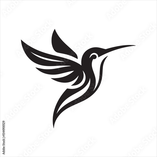 Stylized black silhouette of a hummingbird in flight, with decorative wing and body details.