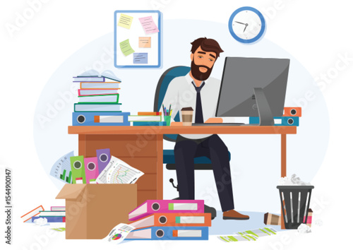 Tired sleepy male office worker stays late on workplace. Overload paperwork, meeting deadlines, report, overwhelmed by work young businessman vector illustration