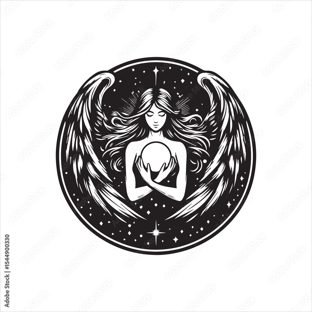 Fototapeta premium A serene angel figure with outstretched wings holding a glowing orb.