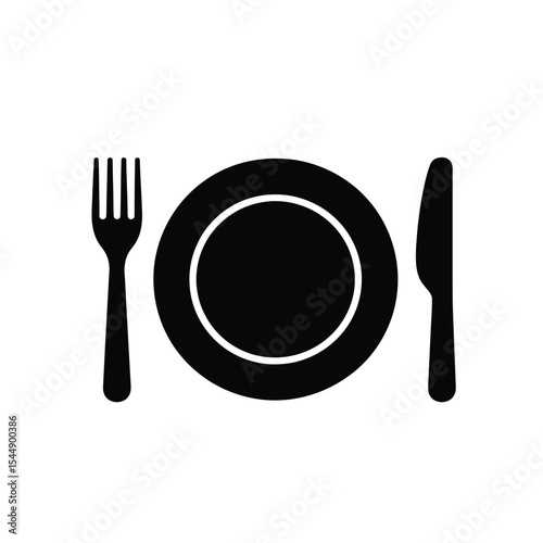 Fork, knife, and plate icon set illustrated in black and white line art on white background