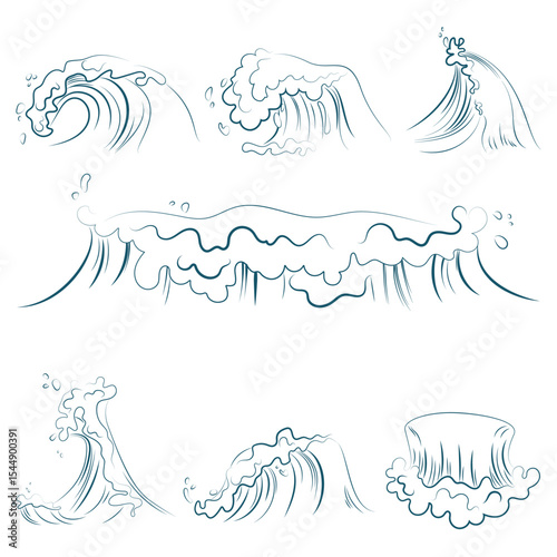 Hand drawn volumetric blue line sea waves vector set. Ocean storm wave isolated vector illustration