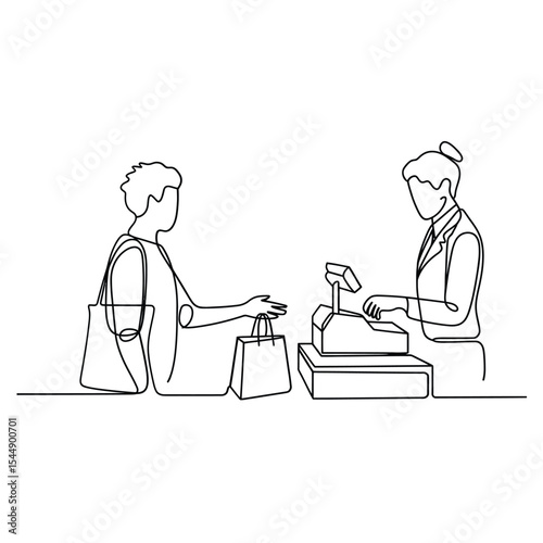 One line drawing of a customer checking out illustrated in black and white on white background