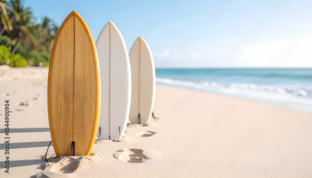 Three Surfboards on Sandy Beach, Sunny Tropical Coastline Three Surfboards on Sandy Beach, Sunny Tropical Coastline