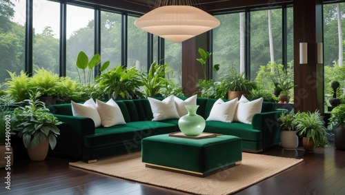 Luxurious emerald green sectional sofa in a modern living room.