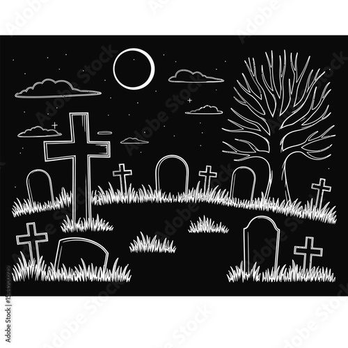 Spooky graveyard at night illustrated in black and white outline scene