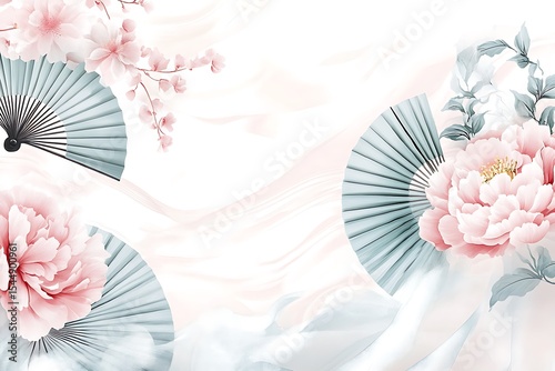 Pink Peony Flowers and Oriental Fans on Flowing White and Pale Blue Background