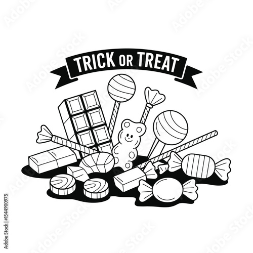Trick or treat candy icons set in black and white line art style