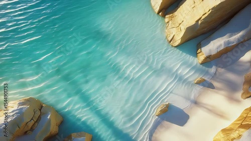 Clear turquoise water gently lapping against white sandy beach with smooth rocks casting shadows in bright tropical sunlight

