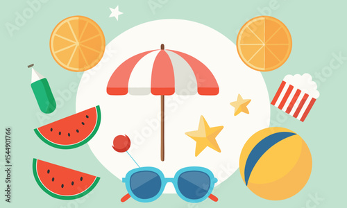 Summer vacation fun flat lay illustration