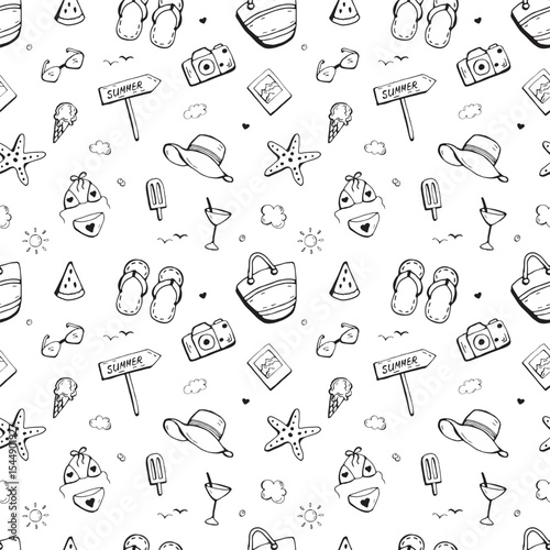 Summer vacation icon seamless handdrawn pattern. Summer beach elements. 
