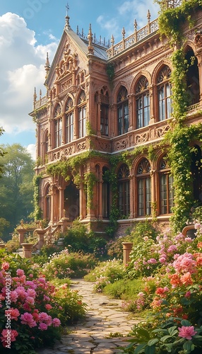 Fairytale castle in the Empire style in a blooming garden on a sunny summer day