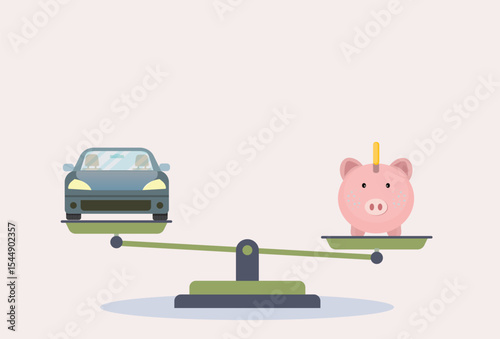 Financial decision showing a scale weighing a pink piggy bank with savings against a new car
