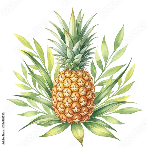 Pineapple with Leaves Isolated on Transparent PNG Background - Watercolour Art