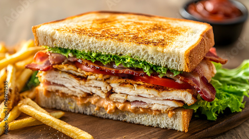 Delicious chicken club sandwich with crispy bacon tomato lettuce and french fries food photography